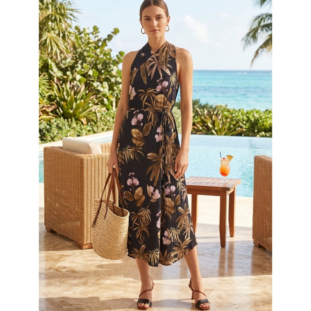 Vince Mixed Tropical Garden Print Midi Dress Navy Blue Belted NWT Size L $385